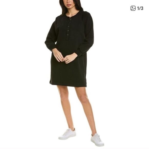 Lilla P Dresses & Skirts - Lilla P Black Long Sleeve Henley Sweatshirt Dress Medium Cotton Button Front
